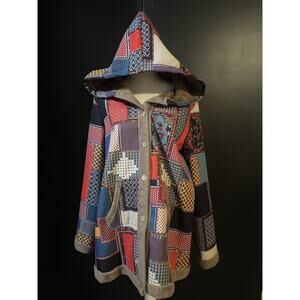 Womens Patchwork Hooded Coat Size L Cottagecore Boho Cozy Lined Jacket Hippie